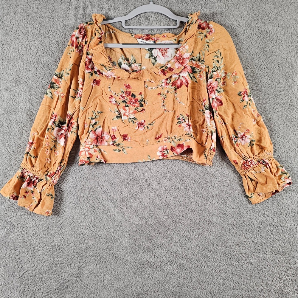 American Eagle Floral Ruffle Crop Top Orange Long Sleeve Blouse Medium